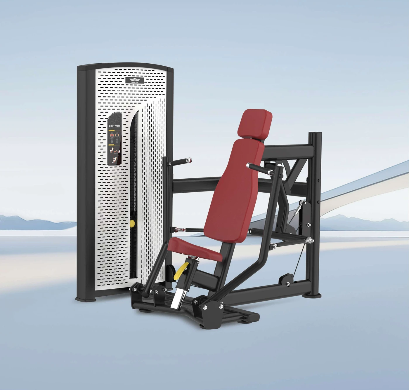 MBH AM10 series strength equipment with silver housing and red upholstery, from the manufacturer catalogue